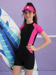 SHEIN Tween Girl Colourblock Zipper Front One Piece Swimsuit - Black - View 3
