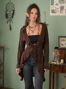 ROMWE Hippie Chất rắn Tie Trước Xù Hoa Sen Áo len Mở - Cà phê nâu - Xem 1