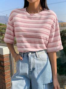 DAZY Striped Print Drop Shoulder Tee - Pink - View 1