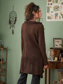 ROMWE Hippie Chất rắn Tie Trước Xù Hoa Sen Áo len Mở - Cà phê nâu - Xem 2