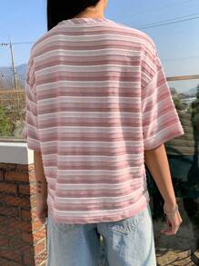 DAZY Striped Print Drop Shoulder Tee - Pink - View 2