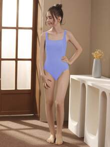 SHEIN 少女纯色连体泳衣 - 紫丁香色 - 查看 3