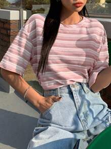 DAZY Striped Print Drop Shoulder Tee - Pink - View 3