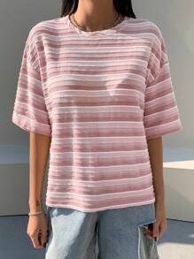 DAZY Striped Print Drop Shoulder Tee - Pink - View 4
