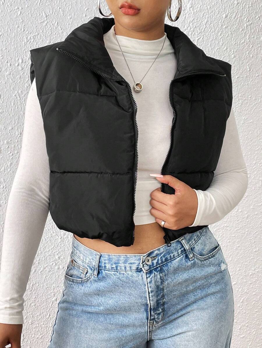 SHEIN EZwear Plus Zip Up Crop Vest Black Padded Coat, For Winter Fall Autumn