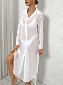 SHEIN Swim Summer Beach Solid Button Front Kimono - White - View 4