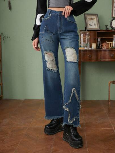 Fairycore بنطلون جينز نمط النجوم ممزق حافة خام ساق عريضة