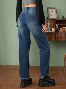 ROMWE Fairycore Star Pattern Ripped Raw Hem Wide Leg Jeans - Dark Wash - View 2