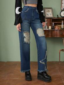 ROMWE Fairycore Star Pattern Ripped Raw Hem Wide Leg Jeans - Dark Wash - View 4