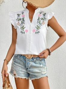 SHEIN VCAY Floral Embroidery Ruffle Trim Button Front Butterfly Sleeve Blouse - White - View 1