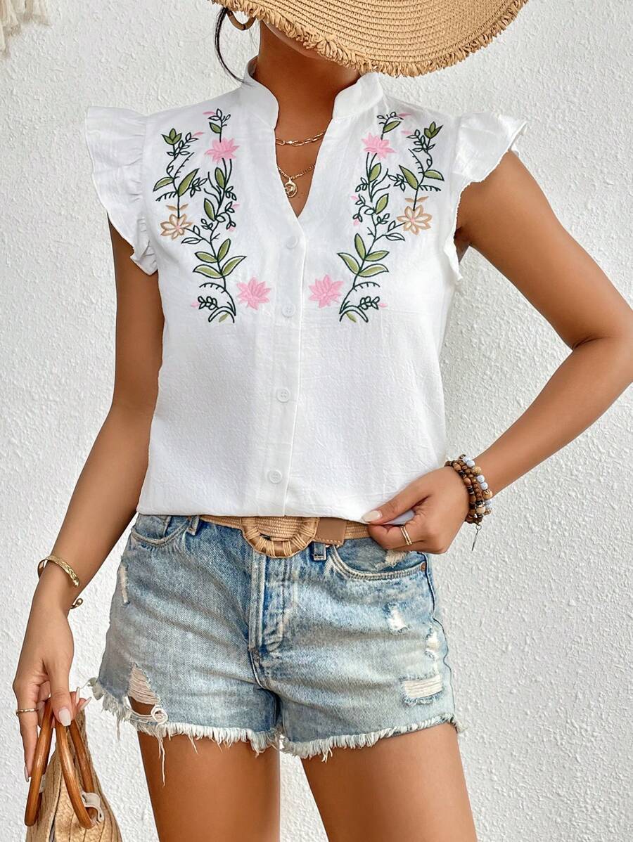 SHEIN VCAY Floral Embroidery Ruffle Trim Button Front Butterfly Sleeve Blouse - White - View 1