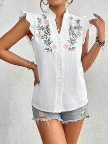 SHEIN VCAY Floral Embroidery Ruffle Trim Button Front Butterfly Sleeve Blouse - White - View 3