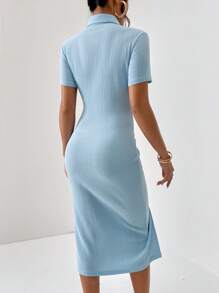 SHEIN Privé Button Front Ribbed Knit Bodycon Dress - Blue - View 2