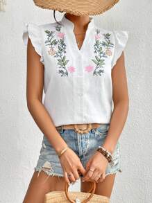 SHEIN VCAY Floral Embroidery Ruffle Trim Button Front Butterfly Sleeve Blouse - White - View 4