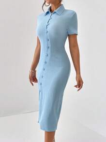 SHEIN Privé Button Front Ribbed Knit Bodycon Dress - Blue - View 7