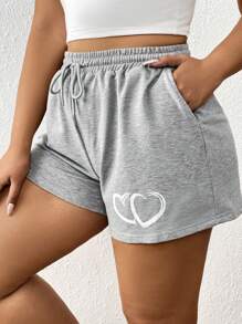 SHEIN EZwear Plus Heart Print Drawstring Waist Shorts - Light Grey - View 1