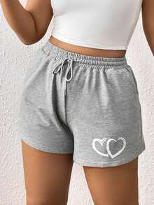 SHEIN EZwear Plus Heart Print Drawstring Waist Shorts - Light Grey - View 3