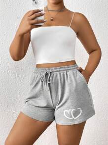 SHEIN EZwear Plus Heart Print Drawstring Waist Shorts - Light Grey - View 4