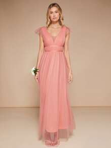 SHEIN Belle Plunge Neck Mesh Overlay Maxi Bridesmaid Dress - Coral Orange - View 1