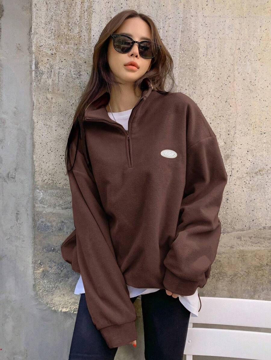 DAZY Patched Detail Drawstring Hem Drop Shoulder Fleece Pullover,Fall Women Clothes Sweatshirt - Coffee Brown - View 1