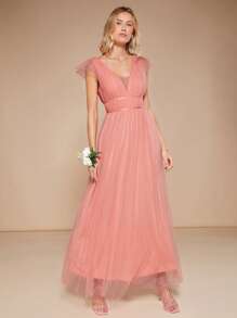 SHEIN Belle Plunge Neck Mesh Overlay Maxi Bridesmaid Dress - Coral Orange - View 4