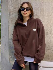 DAZY Patched Detail Drawstring Hem Drop Shoulder Fleece Pullover,Fall Women Clothes Sweatshirt - Coffee Brown - View 2