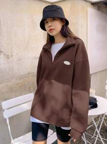 DAZY Patched Detail Drawstring Hem Drop Shoulder Fleece Pullover,Fall Women Clothes Sweatshirt - Coffee Brown - View 3