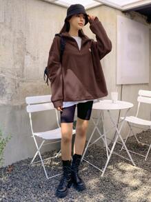 DAZY Patched Detail Drawstring Hem Drop Shoulder Fleece Pullover,Fall Women Clothes Sweatshirt - Coffee Brown - View 4