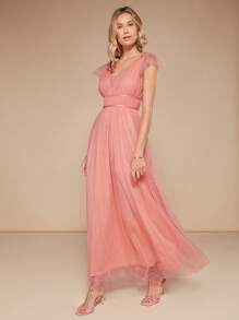 SHEIN Belle Plunge Neck Mesh Overlay Maxi Bridesmaid Dress - Coral Orange - View 5