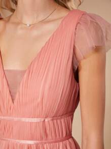 SHEIN Belle Plunge Neck Mesh Overlay Maxi Bridesmaid Dress - Coral Orange - View 6