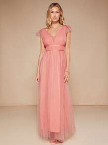 SHEIN Belle Plunge Neck Mesh Overlay Maxi Bridesmaid Dress - Coral Orange - View 7