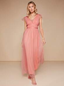 SHEIN Belle Plunge Neck Mesh Overlay Maxi Bridesmaid Dress - Coral Orange - View 8