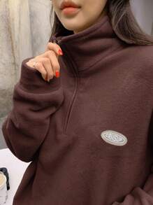 DAZY Patched Detail Drawstring Hem Drop Shoulder Fleece Pullover,Fall Women Clothes Sweatshirt - Coffee Brown - View 7