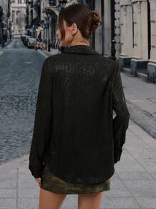 SHEIN Privé Chất rắn Nút phía trước Áo sơ mi - màu đen - Xem 2