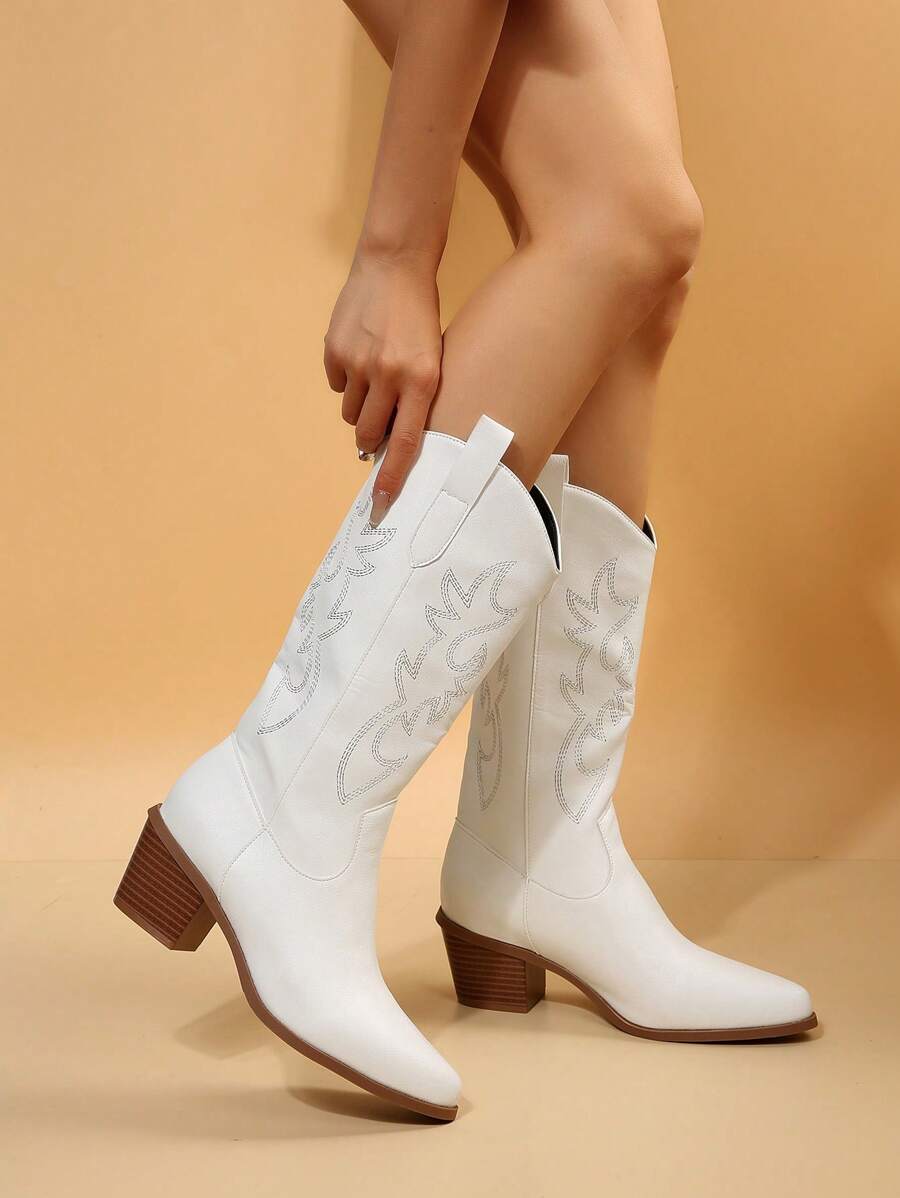NỮ Chi tiết thêu Gót thô Giày ống Tây , Kỳ nghỉ Trắng Giày ống thời trang - trắng - Xem 1