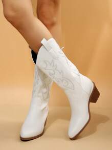 NỮ Chi tiết thêu Gót thô Giày ống Tây , Kỳ nghỉ Trắng Giày ống thời trang - trắng - Xem 5