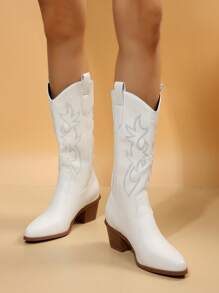 NỮ Chi tiết thêu Gót thô Giày ống Tây , Kỳ nghỉ Trắng Giày ống thời trang - trắng - Xem 6
