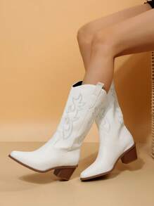 NỮ Chi tiết thêu Gót thô Giày ống Tây , Kỳ nghỉ Trắng Giày ống thời trang - trắng - Xem 7