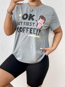 SHEIN EZwear 大碼字母圖案T恤 - 淺灰色 - 查看 1