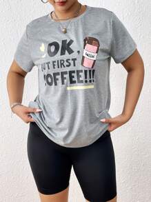 SHEIN EZwear 大碼字母圖案T恤 - 淺灰色 - 查看 3