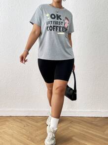 SHEIN EZwear 大碼字母圖案T恤 - 淺灰色 - 查看 4