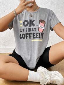 SHEIN EZwear 大碼字母圖案T恤 - 淺灰色 - 查看 5