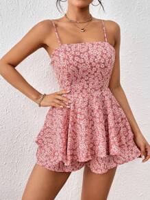 SHEIN PETITE 碎花荷葉邊下擺腰吊帶連體短褲 - 粉色 - 查看 1