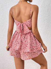 SHEIN PETITE 碎花荷葉邊下擺腰吊帶連體短褲 - 粉色 - 查看 5