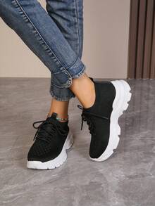 女士極簡前綁帶老爹鞋,運動鞋 - 黑色 - 查看 4