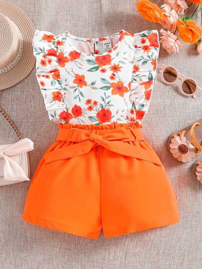 SHEIN Young Girl Floral Print Ruffle Trim Top & Belted Shorts Set, School, Campus, College
