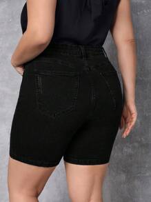 大碼高腰緊身牛仔短褲 - 黑色 - 查看 2