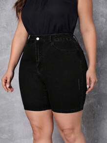 大碼高腰緊身牛仔短褲 - 黑色 - 查看 1