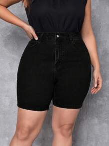 大碼高腰緊身牛仔短褲 - 黑色 - 查看 6