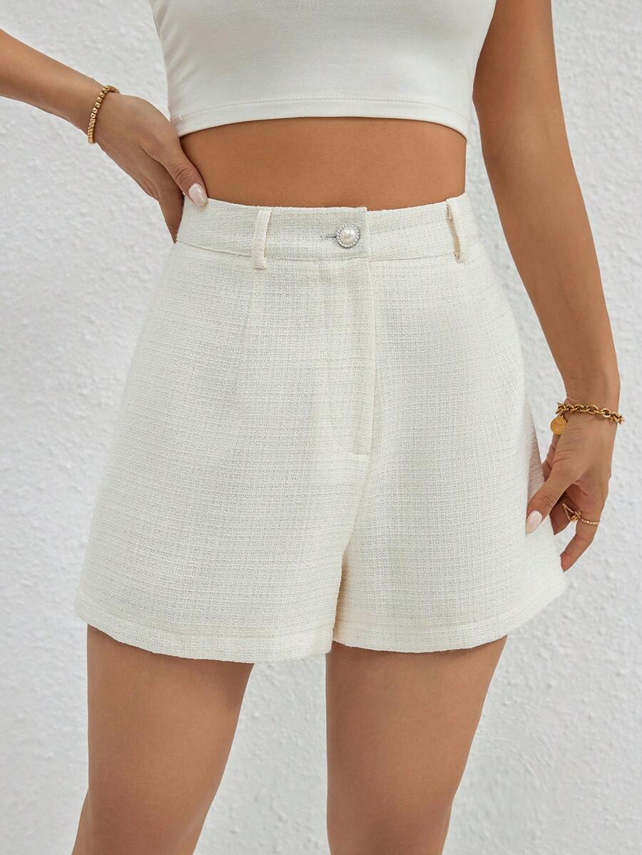 SHEIN Essnce 高腰直筒短褲 - 白色 - 查看 1